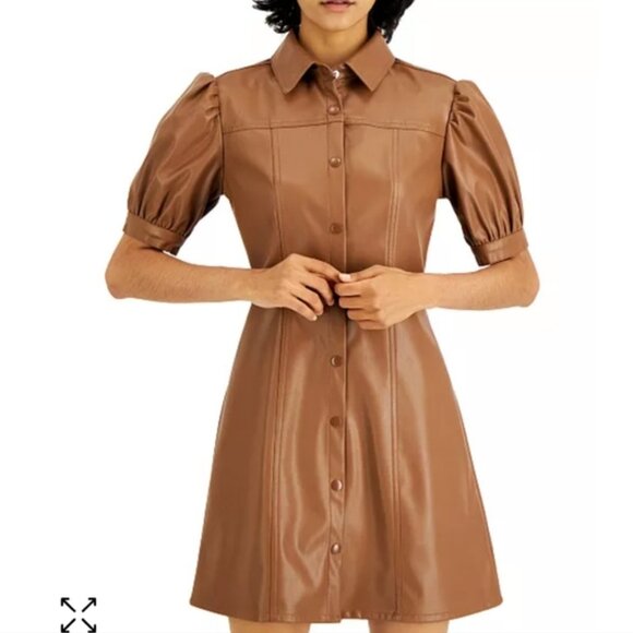 KIT  SKY Faux-Leather Puff-Sleeve Button-Down Pleated Dress Brown Size XXL - Picture 2 of 10